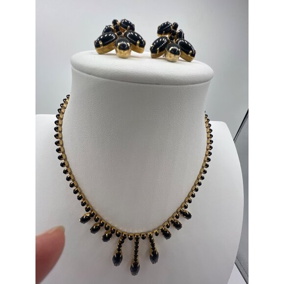 Vtg 50s Black Rhinestone Bib Necklace Set Gold Tone Screwback Earrings Waterfall - Picture 1 of 9
